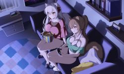 Rule 34 | 2girls, :q, absurdres, animal ears, bare legs, bare shoulders, blush, book, bra strap, breasts, brown eyes, brown hair, bucket, controller, couch, crop top, food, green shirt, hair intakes, highres, holding, holding bucket, holding controller, ia (ias1010), indoors, large breasts, long hair, midriff, multiple girls, off-shoulder shirt, off shoulder, original, park bokja, pillow, ponytail, popcorn, red shirt, riss, shirt, short sleeves, sitting, slippers, smile, tail, thighs, tongue, tongue out, white hair