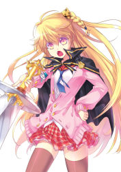 Rule 34 | 1girl, black thighhighs, blonde hair, cape, cat, cu-rim, female focus, flat chest, charm (object), long hair, necktie, open mouth, original, skirt, solo, sword, thighhighs, unbuttoned, weapon, white background