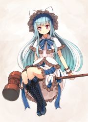 Rule 34 | + +, 1girl, blue hair, boots, dress, flying, hammer, long hair, looking at viewer, nosuku, original, red eyes, smile, solo, symbol-shaped pupils, wrist cuffs