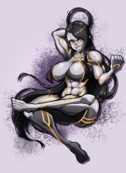 Rule 34 | 1girl, abs, absurdres, angry, anguriask, black hair, breasts, colored skin, crossed legs, female focus, female seth (street fighter), flexing, floating, hand on own head, highres, large breasts, long hair, looking at viewer, multicolored skin, muscular, muscular arms, muscular female, muscular legs, seth (street fighter), sitting, smile, solo, street fighter, teasing, very long hair, wide hips, yellow eyes