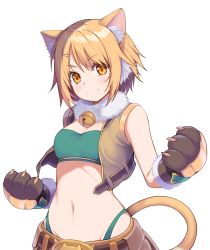 Rule 34 | 1girl, animal ear fluff, animal ears, animal hands, bare shoulders, bell, belt, blonde hair, blush, breasts, brown belt, cat ears, cat paws, cat tail, cleavage, closed mouth, commentary request, cowboy shot, fur-trimmed gloves, fur collar, fur trim, gloves, groin, hair between eyes, hair ornament, hairclip, highleg, highres, hiyori (princess connect!), jingle bell, looking at viewer, medium breasts, midriff, navel, open clothes, open vest, paw gloves, princess connect!, ribucci, short hair, shorts, sidelocks, simple background, smile, solo, split mouth, standing, strapless, tail, tube top, vest, white background, yellow eyes, yellow shorts, yellow vest