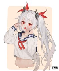 Rule 34 | 1girl, absurdres, artist name, azur lane, blood, blue sailor collar, blush, breasts, commentary, crying, crying with eyes open, fang, gradient background, hair between eyes, hair ribbon, highres, long hair, long sleeves, looking at viewer, navel, neckerchief, nosebleed, open mouth, park sinb (choacee), red eyes, red neckerchief, red ribbon, revision, ribbon, sailor collar, school uniform, serafuku, shirt, signature, silver hair, slap mark, slap mark on face, small breasts, solo, tears, twintails, vampire (azur lane), very long hair, white shirt