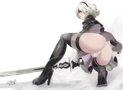 Rule 34 | 1girl, ass, black dress, black thighhighs, blindfold, butcha-u, dated, dress, female focus, from behind, full body, high heels, holding, holding sword, holding weapon, huge ass, leotard, nier (series), nier:automata, panties, parted lips, partially visible vulva, shiny skin, short hair, signature, silver hair, solo, squatting, sword, thighhighs, thong leotard, two-sided fabric, two-sided skirt, underwear, weapon, white panties, 2b (nier:automata)