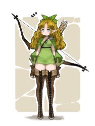 Rule 34 | 1girl, :&lt;, absurdres, armor, arrow (projectile), blonde hair, blue eyes, boots, bow (weapon), breasts, brown footwear, brown gloves, choker, closed mouth, cross-laced footwear, dress, elf, fingerless gloves, full body, gloves, green choker, green dress, green ribbon, hair ribbon, highres, kkaebing, lace-up boots, long hair, long sleeves, microdress, no nose, original, pauldrons, pointy ears, puffy long sleeves, puffy sleeves, quiver, ribbon, shoulder armor, single pauldron, small breasts, solo, standing, thigh boots, thighhighs, weapon, zettai ryouiki