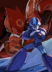 Rule 34 | 2boys, absurdres, android, arm cannon, armor, blue armor, clenched teeth, commentary, english text, full body, hand up, helmet, highres, legs apart, looking at viewer, male focus, mega man (series), mega man x (series), multiple boys, ponytail, red armor, robot, serious, shaded face, shadow, tanaka (is2 p), teeth, weapon, x (mega man), zero (mega man)