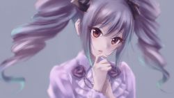 Rule 34 | 1girl, blouse, blurry, blurry foreground, drill hair, frilled shirt, frills, grey background, hair ornament, highres, idolmaster, idolmaster cinderella girls, ishita teru, kanzaki ranko, long eyelashes, long hair, looking at viewer, open mouth, red eyes, shirt, signature, silver hair, simple background, solo, twin drills