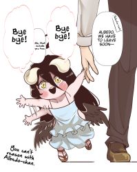 Rule 34 | 1boy, 1girl, albedo (overlord), black hair, blush, child, dress, highres, horns, long hair, open mouth, overlord (maruyama), simple background, slit pupils, tabula smaragdina, text focus, translated, waving, white background, wings, yellow eyes, aged down