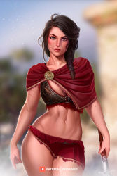 Rule 34 | 1girl, assassin&#039;s creed, assassin&#039;s creed: odyssey, assassin&#039;s creed (series), braid, breasts, brown eyes, brown hair, kassandra (assassin&#039;s creed), long hair, looking at viewer, medium breasts, navel, patreon, polearm, prywinko, scar, sky, smile, solo, spear, standing, torn clothes, watermark, weapon