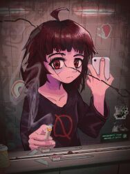 Rule 34 | 1girl, ahoge, bathroom, black shirt, blood, blood from mouth, brown hair, cellphone, cigarette, closed mouth, collarbone, creeper, english text, fingernails, frown, globe, hand up, heart, heart sticker, highres, holding, holding cigarette, holding phone, indoors, long hair, long sleeves, looking at viewer, milk-chan (milk series), milk inside a bag of milk inside a bag of milk, minecraft, mirror, phone, pill, pill bottle, rainbow, razor blade, red eyes, reflection, ringed eyes, saghaley, shirt, short bangs, smartphone, smoke, solo, sticker, taking picture, tile wall, tiles, toothbrush, upper body
