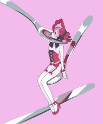 Rule 34 | 1boy, black ribbon, bonnet, bustier, closed mouth, crossdressing, fork, full body, garter belt, high heels, highres, king of prism, knife, looking up, male focus, nyaasechan, penis, pink background, pink eyes, pink hair, pretty rhythm, pretty series, profile, red footwear, red ribbon, ribbon, saionji leo, short hair, simple background, solo, spoon, thighhighs, trap, underwear, white thighhighs, wrist cuffs