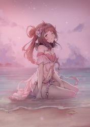 Rule 34 | 1girl, absurdres, animal ears, antenna hair, arknights, arm support, beach, between legs, bikini, blush, breasts, brown hair, caisena, chinese commentary, cleavage, commentary request, eyjafjalla (arknights), eyjafjalla (summer flower) (arknights), hand between legs, highres, horns, long hair, looking at viewer, medium breasts, navel, off-shoulder bikini, off shoulder, official alternate costume, outdoors, parted lips, pink bikini, pink sarong, pink theme, sand, sheep ears, sheep girl, sheep horns, sitting, sky, solo, star (sky), starfish, starry sky, stomach, swimsuit, thigh strap, thighs, water, yellow eyes, yokozuwari