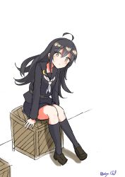 Rule 34 | 1girl, absurdres, black hair, black serafuku, black socks, brown eyes, crate, crescent, crescent pin, highres, kantai collection, long hair, looking at viewer, mikazuki (kancolle), necktie, one-hour drawing challenge, robinson (day l full), school uniform, serafuku, sitting, socks, solo, white necktie