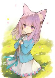 Rule 34 | 1girl, animal ear fluff, animal ears, blue cardigan, cardigan, cat ears, character request, character sheet, commission, dress, flower, indie virtual youtuber, long hair, looking at viewer, no tail, outdoors, petals, purple eyes, purple hair, sakutake (ue3sayu), smile, solo, virtual youtuber, white dress