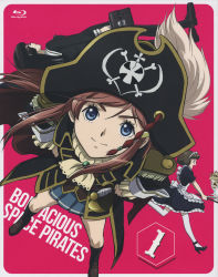 Rule 34 | belt, blu-ray cover, blue eyes, chiaki kurihara, cover, endou mami, epaulettes, hat, hat feather, highres, katou marika, long hair, looking at viewer, miniskirt pirates, official art, pirate, pirate hat, pleated skirt, sabre, skirt, skull and crossbones, smile, sword, weapon
