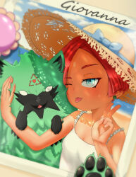 Rule 34 | 1girl, absurdres, aged down, animal hands, blue bow, blue eyes, bow, breasts, character name, child, collarbone, dog, earrings, frilled shirt, frills, frostyneko, giovanna (guilty gear), guilty gear, guilty gear strive, hat, highres, jewelry, one eye closed, photo (object), red hair, shirt, short hair, small breasts, sun hat, sweat, tongue, tongue out, v, white shirt