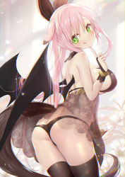 Rule 34 | 1girl, :q, animal ears, ass, bare shoulders, black bra, black panties, black thighhighs, bra, breasts, closed mouth, cowboy shot, demon girl, dog ears, dog tail, finger to own chin, from behind, green eyes, hair ribbon, head tilt, highres, index finger raised, large breasts, lingerie, long hair, looking at viewer, original, panties, pink hair, ribbon, see-through, skindentation, smile, solo, tail, thighhighs, tongue, tongue out, underwear, very long hair, yano mitsuki (nanairo)