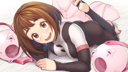 Rule 34 | 1girl, absurdres, ass, black bodysuit, blush, bob cut, bodysuit, boku no hero academia, boots, unworn boots, breasts, brown eyes, brown hair, commentary request, foot up, happy, highres, kobaji, large breasts, long sleeves, looking at viewer, lying, multicolored bodysuit, multicolored clothes, on stomach, open mouth, round teeth, short hair, sidelocks, smile, solo, teeth, the pose, toeless legwear, upper teeth only, uraraka ochako, white bodysuit