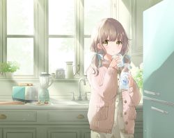 Rule 34 | 1girl, :o, arms up, blender (object), bottle, bread, brown eyes, carafe, cardigan, cherry tomato, commentary, cowboy shot, cup, day, drinking glass, egg (food), faucet, floral print, food, fried egg, hair ribbon, highres, holding, holding cup, hoshiibara mato, indoors, kitchen, light brown hair, light particles, looking at viewer, low twintails, milk, milk bottle, morning, nightgown, open cardigan, open clothes, original, pink cardigan, plant, plate, potted plant, refrigerator, ribbon, sink, solo, standing, sunlight, toaster, tomato, tray, twintails