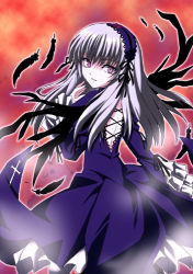 Rule 34 | 00s, 1girl, backless dress, backless outfit, black wings, blue dress, dress, expressionless, from behind, looking at viewer, looking back, lowres, midori (searchlight), pink eyes, rozen maiden, shaded face, silver hair, solo, suigintou, wings