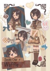 Rule 34 | 1girl, apron, black footwear, black hair, blush, bob cut, brown apron, brown eyes, brown socks, character name, closed eyes, dot mouth, dress, english text, food, food-themed clothes, food-themed hair ornament, frilled dress, frills, fruit, full body, hair between eyes, hair ornament, highres, holding, holding menu, idolmaster, idolmaster cinderella girls, kneehighs, legs together, looking back, menu, monakocoa, multicolored clothes, open mouth, own hands together, rabbit, ribbon, sasaki chie, short hair, smile, socks, solo, solo focus, standing, strawberry, tape, tray, waffle, wrist cuffs