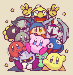 Rule 34 | bandana, bandana waddle dee, blue bandana, blue skin, blush stickers, cape, colored skin, dark matter (kirby), dark meta knight, double v, galacta knight, gloves, gooey (kirby), green skin, grey skin, king dedede, kirby, kirby (series), looking at viewer, mask, meta knight, mikoto-tsuki, multiple persona, nintendo, no humans, one-eyed, open mouth, pink skin, pom pom (clothes), red eyes, scar, shadow kirby, smile, solid oval eyes, star (symbol), tongue, tongue out, v, wings, yellow gloves, yellow skin