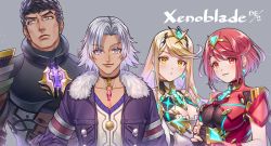 Rule 34 | 2boys, 2girls, alvis (xenoblade), black hair, blonde hair, breasts, chest jewel, cleavage, cleavage cutout, clothing cutout, fur trim, grey background, iroha (akei0710), jewelry, long hair, looking at viewer, malos (xenoblade), medium breasts, multiple boys, multiple girls, mythra (xenoblade), nintendo, pendant, pyra (xenoblade), red hair, short hair, silver hair, smile, swept bangs, tiara, upper body, xenoblade chronicles (series), xenoblade chronicles 1, xenoblade chronicles 2