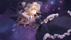 Rule 34 | 1girl, apron, arm behind head, black skirt, black vest, blonde hair, blush, breasts, hat, kirisame marisa, long hair, looking up, lying, neck ribbon, on back, ribbon, skirt, skirt set, sky, smile, solo, star (sky), starry sky, thick eyebrows, touhou, vest, witch hat, yellow eyes, zhanji baitailang
