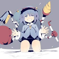 Rule 34 | 1girl, backpack, bag, blue hair, crowbar, drill, from below, fuukadia (narcolepsy), goggles, hat, holding, holding crowbar, kawashiro nitori, key, school swimsuit, solo, swimsuit, swimsuit under clothes, touhou, two side up