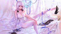 Rule 34 | 1girl, :d, arm support, azur lane, blue eyes, blush, breasts, choker, cleavage, dress, elbow gloves, gloves, hair ornament, hair ribbon, highres, illustrious (azur lane), lace, lace-trimmed legwear, lace trim, large breasts, leg up, lingerie, long hair, looking at viewer, mole, mole under eye, negligee, open mouth, ribbon, shoe dangle, single elbow glove, sitting, smile, solo, swd3e2, thighhighs, underwear, white dress, white hair