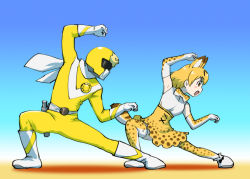 Rule 34 | 10s, 1boy, 1girl, animal ears, blonde hair, blue background, bodysuit, bow, brown eyes, cat ears, cat tail, color connection, crossover, dress, extra ears, helmet, kemono friends, scarf, serval (kemono friends), serval print, serval tail, short hair, simple background, super sentai, tail, taiyou sentai sun vulcan, thighhighs, ueyama michirou, vul panther, white scarf