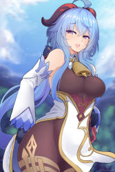 Rule 34 | 1girl, :d, ahoge, bare shoulders, bell, blue sky, blush, bodystocking, breasts, commentary, cowboy shot, day, detached sleeves, english commentary, ganyu (genshin impact), genshin impact, hand on own hip, horns, impossible clothes, kazukoto, large breasts, long hair, long sleeves, looking at viewer, low ponytail, open mouth, outdoors, purple eyes, red ribbon, ribbon, sidelocks, sky, smile, solo, twitter username, very long hair