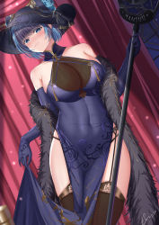 Rule 34 | 1girl, :3, absurdres, animal ears, azur lane, bare shoulders, black hair, black hat, black panties, black thighhighs, blue eyes, blunt bangs, blush, breasts, cheshire (azur lane), cheshire (cait sith crooner) (azur lane), china dress, chinese clothes, cleavage, closed mouth, clothes lift, collarbone, commentary, covered navel, cowboy shot, dress, dutch angle, elbow gloves, error1945, fake animal ears, feather boa, fedora, flower, garter belt, gloves, hat, hat flower, highres, holding, holding microphone stand, large breasts, looking at viewer, microphone stand, multicolored hair, official alternate costume, panties, pelvic curtain, pelvic curtain lift, purple dress, purple gloves, see-through, see-through cleavage, short hair, sidelocks, signature, skindentation, sleeveless, sleeveless dress, smile, solo, spotlight, stage curtains, standing, streaked hair, thighhighs, underwear
