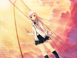 Rule 34 | 00s, 1girl, against fence, black skirt, black socks, breasts, chain-link fence, clenched hand, closed mouth, cloud, dutch angle, expressionless, fence, flipped hair, floating hair, from below, game cg, hair ornament, hairclip, kawata hisashi, kneehighs, light rays, long hair, long sleeves, looking at viewer, lucy maria misora, miniskirt, mitsumi misato, neck ribbon, outdoors, pink hair, pleated skirt, ribbon, school uniform, sidelocks, skirt, sky, small breasts, socks, solo, standing, sunbeam, sunlight, sunset, swept bangs, to heart (series), to heart 2, turtleneck, very long hair
