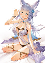 Rule 34 | 1girl, :o, animal ears, anklet, bare shoulders, barefoot, bikini, black bikini, blue eyes, breasts, choker, claw pose, cleavage, collarbone, erune, fang, granblue fantasy, hair ornament, halterneck, hand up, highres, jewelry, korwa, korwa (summer) (granblue fantasy), large breasts, long hair, looking at viewer, navel, open mouth, see-through, seiza, silver hair, sitting, solo, stomach, swimsuit, thighs, very long hair, white background, white bikini, ziko