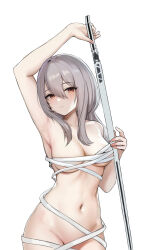 Rule 34 | 1girl, armpits, bandages, belly, breasts, cleavage, closed mouth, duplicate, goddess of victory: nikke, grey hair, hair between eyes, hand up, highres, holding, holding sword, holding weapon, long hair, looking at viewer, medium breasts, mikhdrag, naked ribbon, navel, pixel-perfect duplicate, ribbon, scarlet (nikke), sheath, sidelocks, simple background, solo, sword, unsheathing, weapon, white background, yellow eyes