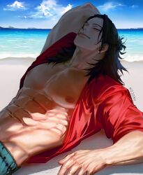 Rule 34 | 1boy, abs, arm behind head, beach, black hair, blue sky, closed mouth, clothes lift, collarbone, e0308r, ear piercing, from side, getou suguru, half updo, hand on ground, head tilt, highres, jujutsu kaisen, leaning back, light smile, looking at viewer, male focus, male swimwear, medium hair, nipples, pectorals, piercing, red shirt, shadow, shirt, shirt behind neck, shirt lift, short sleeves, sky, solo, swept bangs, upper body