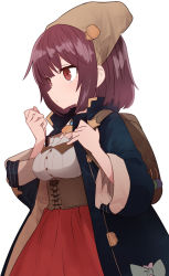 Rule 34 | 1girl, atelier (series), atelier sophie, backpack, bag, blue coat, breasts, brown hair, closed mouth, coat, from side, hands up, head scarf, long sleeves, medium breasts, open clothes, open coat, red eyes, red skirt, short hair, simple background, skirt, solo, sophie neuenmuller, standing, sumiyao (amam), white background