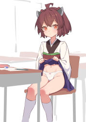 Rule 34 | 1girl, ahoge, blush, brown hair, chair, commentary request, desk, expressionless, headgear, highres, japanese clothes, kimono, lifting own clothes, looking at viewer, navel, obi, orange eyes, panties, sash, short hair, short kimono, sitting, sketch, solo, touhoku kiritan, underwear, voiceroid, white panties, yamamomo (plank)