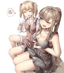 Rule 34 | 2girls, absurdres, bare shoulders, bench, bkyuuc, black dress, blonde hair, blush, bow, breast envy, breasts, brown dress, choker, cleavage, collarbone, commentary request, dress, drink, drinking straw, closed eyes, hair ornament, hair ribbon, hairclip, highres, large breasts, long hair, multiple girls, one eye closed, original, ponytail, ribbon, short hair, short sleeves, simple background, sitting, small breasts, white background, wooden bench
