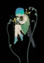Rule 34 | 1girl, absurdres, antennae, arthropod girl, artist name, bare arms, bare shoulders, barefoot, black background, blue hair, blue skin, closed eyes, closed mouth, colored skin, commentary request, dated, dress, flat chest, flower, from side, full body, green dress, highres, holding, holding flower, insect wings, multicolored skin, original, profile, shieriru, short dress, short hair, simple background, sleeveless, sleeveless dress, solo, two-tone skin, wings, yellow flower