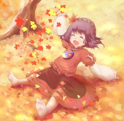 Rule 34 | 1girl, ^ ^, aged down, arm support, autumn, autumn leaves, barefoot, closed eyes, closed eyes, feet, hair ornament, happy, highres, laughing, leaf, leaf hair ornament, long sleeves, mirror, open mouth, playing, purple hair, red shirt, red skirt, rope, shimenawa, shirt, short hair, sitting, skirt, soles, solo, spread legs, tatuhiro, touhou, tree, yasaka kanako