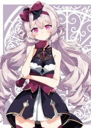 Rule 34 | 1girl, beretta crossrain, blush, bow, commentary request, cowboy shot, crossed arms, grey background, grey hair, hair bow, highres, indie virtual youtuber, long hair, pink eyes, ringlets, smile, solo, standing, thighhighs, totomono, virtual youtuber, white background