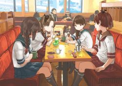 Rule 34 | 4girls, anchor symbol, ayanami (kancolle), black socks, blue sailor collar, booth seating, braid, brown eyes, brown hair, brown sailor collar, brown skirt, cup, eating, food, hair over shoulder, hair ribbon, indoors, isonami (kancolle), kantai collection, kneehighs, loafers, long hair, looking at another, matsutani, mug, multiple girls, neckerchief, pleated skirt, pointing, pointing up, ponytail, red ribbon, restaurant, ribbon, sailor collar, school uniform, serafuku, shikinami (kancolle), shoes, short ponytail, short sleeves, side ponytail, sidelocks, single braid, sitting, skirt, socks, spoon, talking, twin braids, uranami (kancolle)