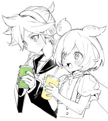 Rule 34 | 1boy, 1girl, :3, animal ears, black sailor collar, black sleeves, cup, drinking straw, drinking straw in mouth, headphones, holding, holding cup, kagamine len, light blush, long hair, looking at object, low ponytail, messy hair, monochrome, naoko (naonocoto), open mouth, puffy short sleeves, puffy sleeves, sailor collar, shirt, short hair, short ponytail, short sleeves, simple background, vocaloid, voicevox, white background, zundamon