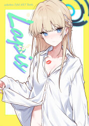 Rule 34 | 1girl, arm at side, ass, blonde hair, blue archive, blue eyes, bottomless, bra, braid, breasts, cleavage, closed mouth, collarbone, collared shirt, cover, cover page, earrings, english text, groin, halo, highres, jewelry, light blush, lipstick mark, long hair, looking at viewer, multicolored hair, oversized clothes, oversized shirt, saboten, shirt, shirt hold, single braid, sleeves past wrists, small breasts, solo, streaked hair, stud earrings, toki (blue archive), underwear, upper body, white shirt