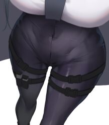 Rule 34 | 1girl, black necktie, black pants, blue archive, breasts, buckle, close-up, covered navel, feet out of frame, green hair, groin, head out of frame, highres, holster, large breasts, lower body, mina (blue archive), necktie, pants, shuvi (shuvi1125), simple background, snap-fit buckle, solo, thigh holster, white background