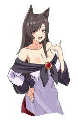 Rule 34 | 1girl, 61206jeff, :d, absurdres, animal ears, bare shoulders, black hair, blush, breasts, brooch, cleavage, collarbone, dress, fingernails, gem, hand on own hip, hand up, highres, imaizumi kagerou, jewelry, large breasts, long fingernails, long sleeves, looking at viewer, off-shoulder dress, off shoulder, open mouth, parted bangs, red eyes, smile, solo, teeth, touhou, white background, white dress, wolf ears