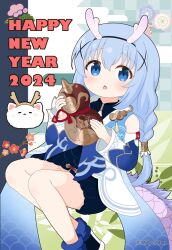 Rule 34 | 1girl, 2024, alternate costume, angora rabbit, animal, bailu (honkai: star rail), bailu (honkai: star rail) (cosplay), bare shoulders, black footwear, black hairband, blue eyes, blue hair, blue sleeves, blush, checkered background, chestnut mouth, chinese zodiac, commentary request, cosplay, detached sleeves, dragon horns, dragon tail, egasumi, fake horns, feet out of frame, gochuumon wa usagi desu ka?, gourd, hair between eyes, hair ornament, hairband, happy new year, holding, honkai: star rail, honkai (series), horns, kafuu chino, long hair, long sleeves, looking at viewer, mitya, new year, open mouth, parted lips, partial commentary, rabbit, shoes, tail, tippy (gochiusa), very long hair, x hair ornament, year of the dragon