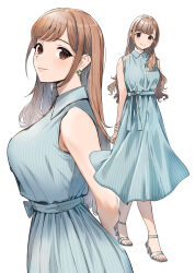 Rule 34 | 1girl, akaori umeka, arms behind back, blue dress, blue sash, blush, brown eyes, brown hair, doushimasho, dress, earrings, feet, full body, hair over shoulder, high collar, high heels, highres, holding own arm, jewelry, long hair, looking at viewer, mole, mole under eye, multiple views, nail polish, original, pink nails, sandals, sash, silver footwear, simple background, sleeveless, sleeveless dress, smile, strappy heels, striped clothes, striped dress, toenail polish, toenails, toes, upper body, white background