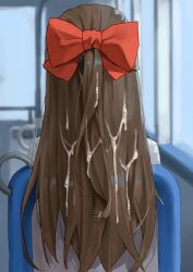 Rule 34 | 1girl, amog, blurry, blurry background, bow, brown hair, bus interior, commentary request, commission, cum, cum on hair, depth of field, from behind, hair bow, half updo, highres, long hair, love live!, love live! nijigasaki high school idol club, osaka shizuku, red bow, shirt, sitting, skeb commission, solo, white shirt